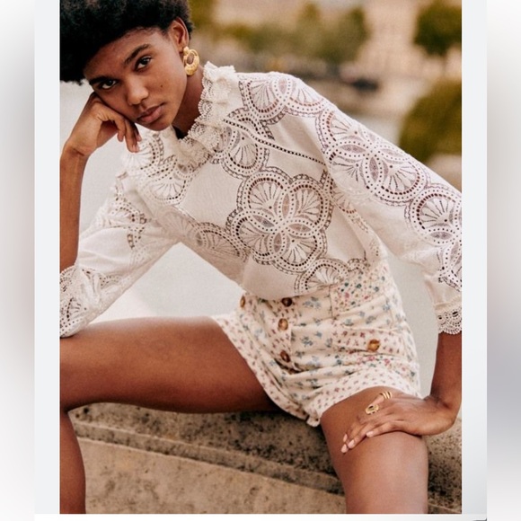 Sezane Tops - Sézane Bianca Ecru Eyelet Lace Blouse Organic Cotton Size 2